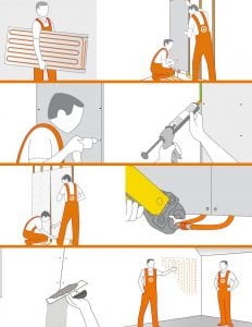 Variotherm Module droogbouw wandverwarming installeren houtskeletbouw metal stud voorzetwand